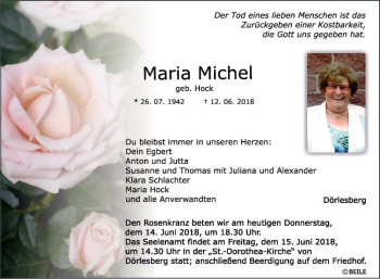 Traueranzeige von Maria Michel von Fränkische Nachrichten