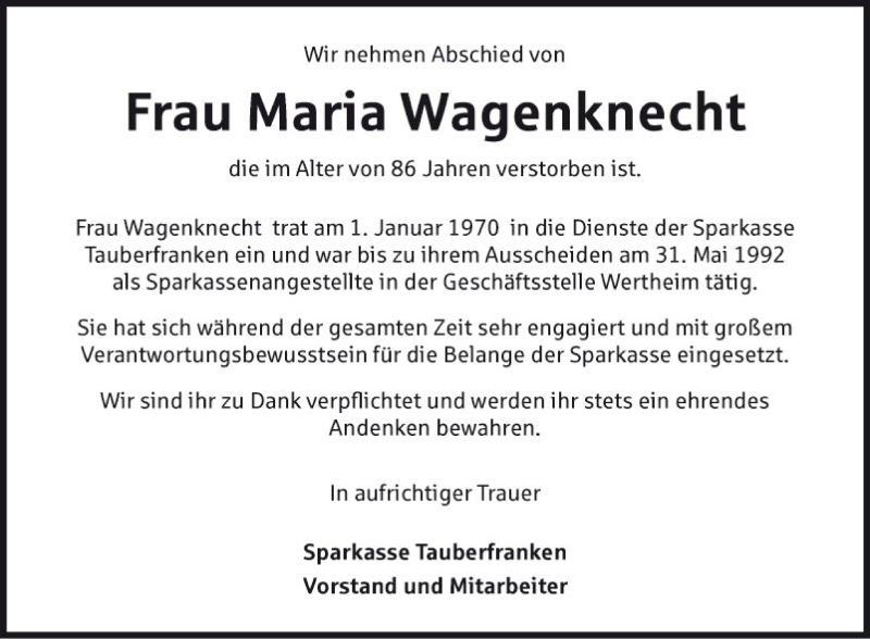  Traueranzeige für Maria Wagenknecht vom 29.06.2018 aus Fränkische Nachrichten