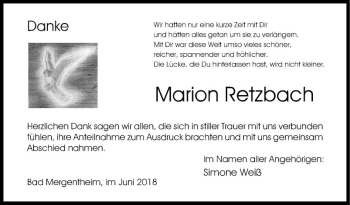 Traueranzeige von Marion Retzbach von Fränkische Nachrichten