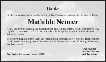 Traueranzeige von Mathilde Nenner von Fränkische Nachrichten