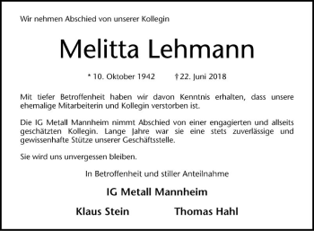 Traueranzeige von Melitta Lehmann von Mannheimer Morgen