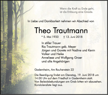 Traueranzeige von Theo Trautmann von Bergsträßer Anzeiger