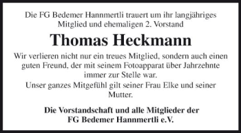 Traueranzeige von Thomas Heckmann von Fränkische Nachrichten