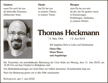 Traueranzeige von Thomas Heckmann von Fränkische Nachrichten