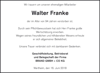 Traueranzeige von Walter Franke von Fränkische Nachrichten