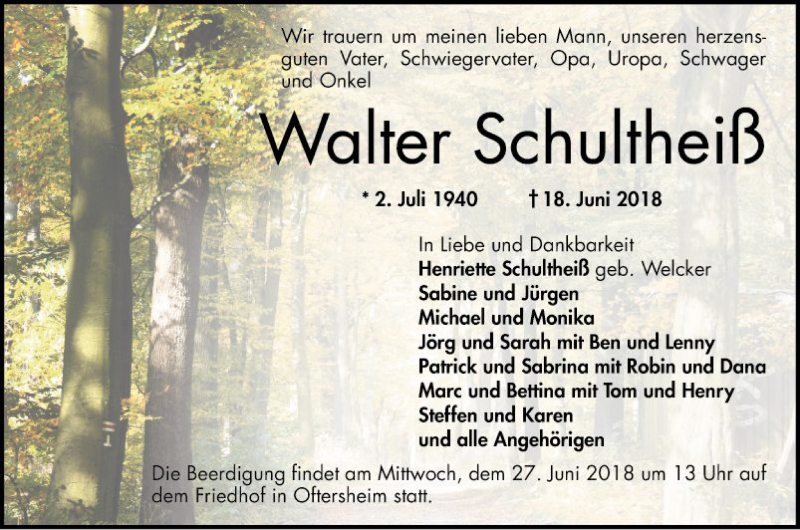  Traueranzeige für Walter Schultheiß vom 23.06.2018 aus Schwetzinger Zeitung
