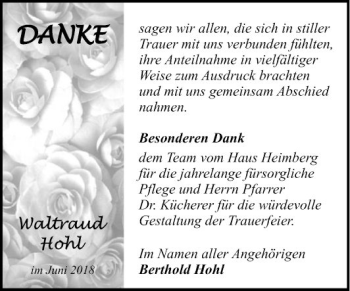 Traueranzeige von Waltraud Hohl von Fränkische Nachrichten