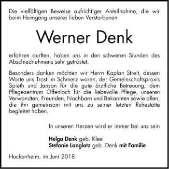 Traueranzeige von Werner Denk von Schwetzinger Zeitung