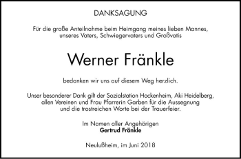 Traueranzeige von Werner Fränkle von Schwetzinger Zeitung