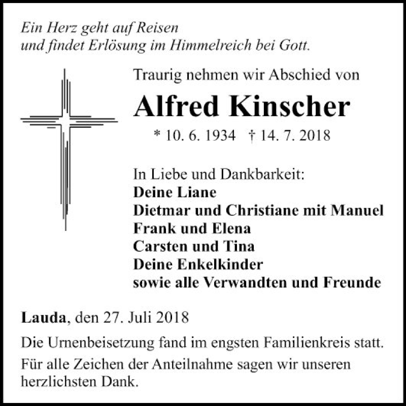  Traueranzeige für Alfred Kinscher vom 27.07.2018 aus Fränkische Nachrichten