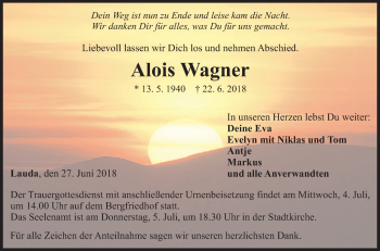 Traueranzeige von Alois Wagner von Fränkische Nachrichten