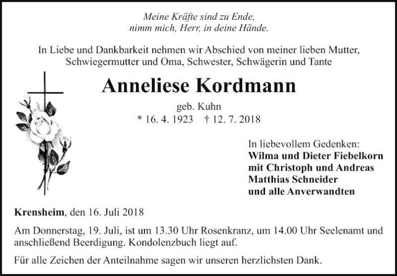 Traueranzeige für Anneliese Kordmann vom 16.07.2018 aus Fränkische Nachrichten