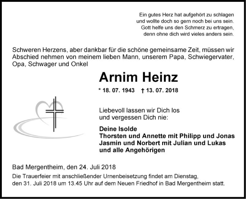  Traueranzeige für Arnim Heinz vom 24.07.2018 aus Fränkische Nachrichten