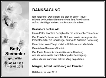 Traueranzeige von Betty Stemmler von Fränkische Nachrichten