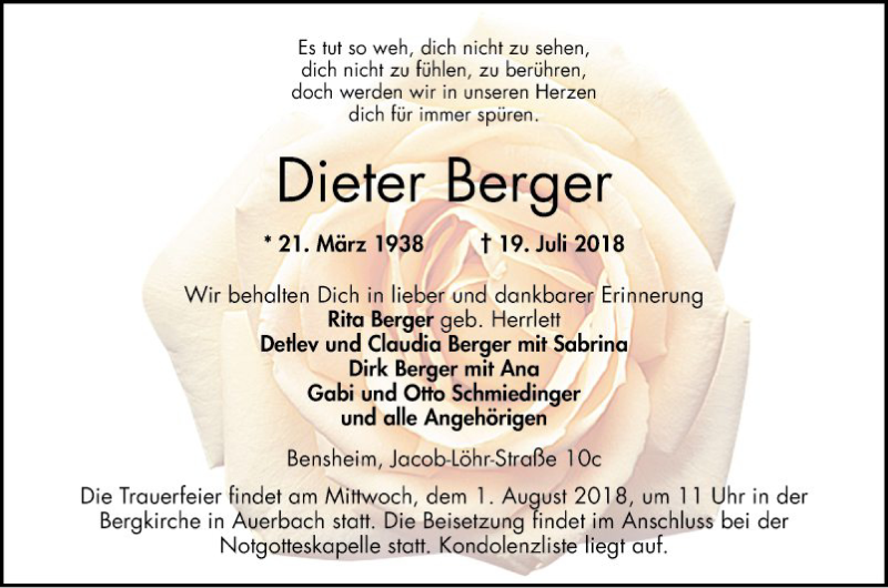  Traueranzeige für Dieter Berger vom 30.07.2018 aus Bergsträßer Anzeiger