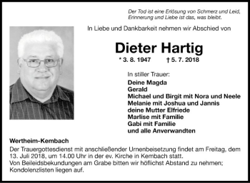 Traueranzeige von Dieter Hartig von Fränkische Nachrichten