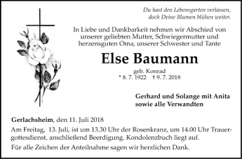 Traueranzeige von Else Baumann von Fränkische Nachrichten