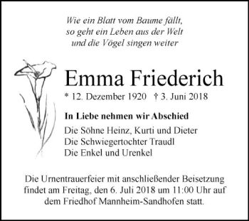 Traueranzeige von Emma Friederich von Mannheimer Morgen