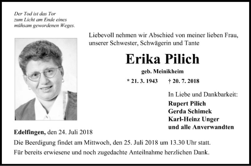  Traueranzeige für Erika Pilich vom 24.07.2018 aus Fränkische Nachrichten