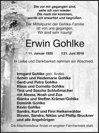 Traueranzeige von Erwin Gohlke von Mannheimer Morgen