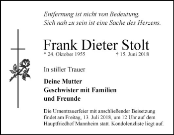 Traueranzeige von Frank Dieter Stolt von Mannheimer Morgen