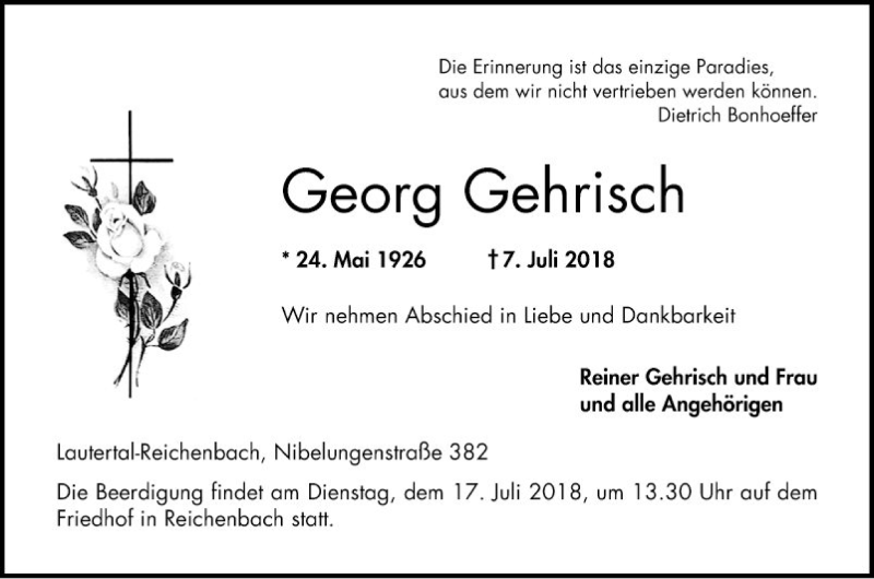  Traueranzeige für Georg Gehrisch vom 14.07.2018 aus Bergsträßer Anzeiger