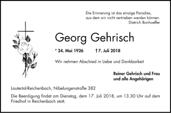 Traueranzeige von Georg Gehrisch von Bergsträßer Anzeiger