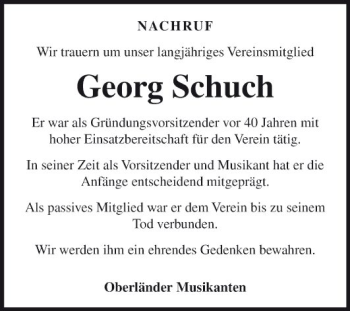 Traueranzeige von Georg Schuch von Fränkische Nachrichten