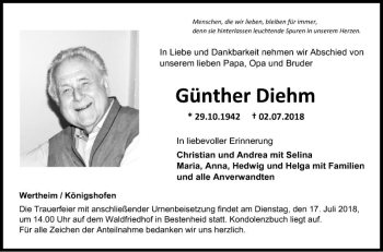Traueranzeige von Günther Diehm von Fränkische Nachrichten