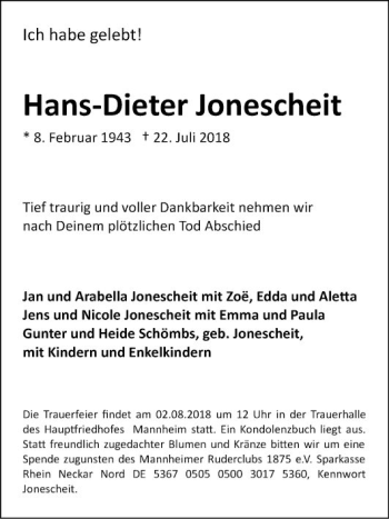Traueranzeige von Hans-Dieter Jonescheit von Bergsträßer Anzeiger