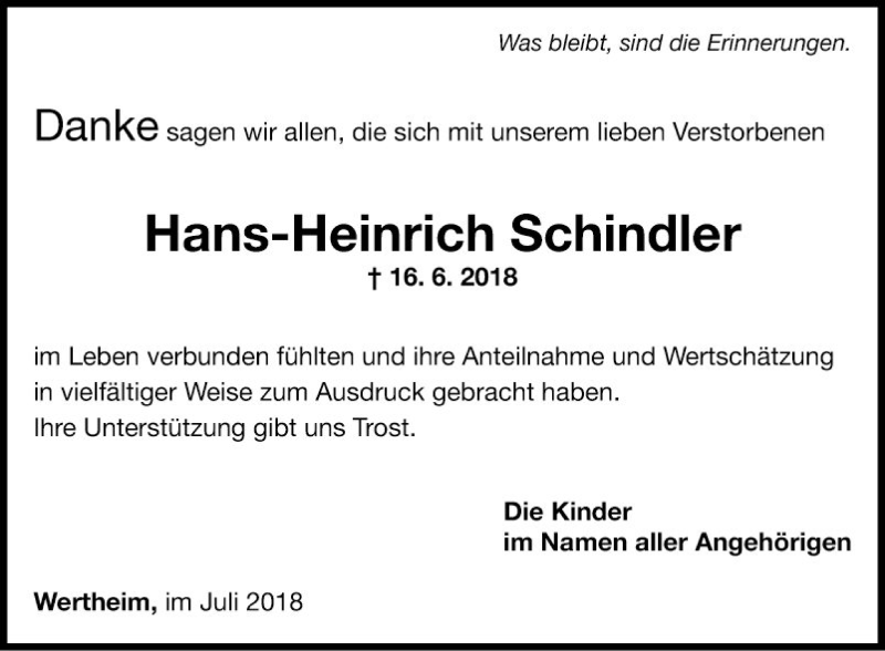  Traueranzeige für Hans-Heinrich Schinder vom 07.07.2018 aus Fränkische Nachrichten