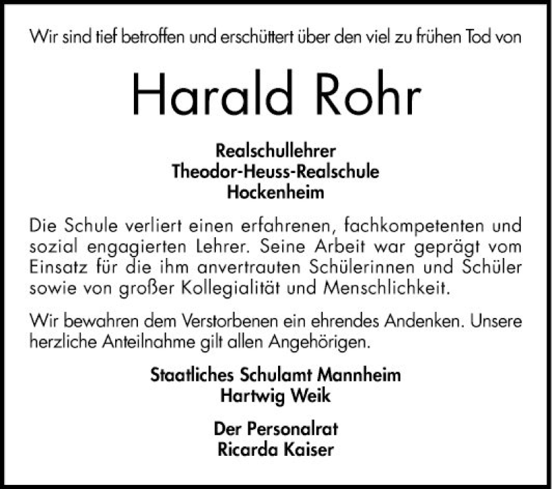  Traueranzeige für Harald Rohr vom 07.07.2018 aus Schwetzinger Zeitung