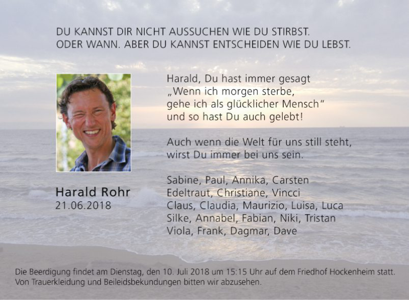  Traueranzeige für Harald Rohr vom 07.07.2018 aus Schwetzinger Zeitung