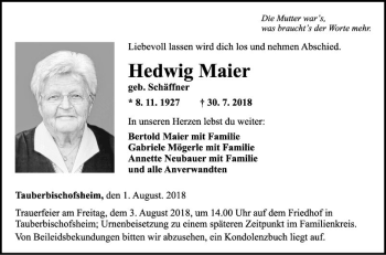 Traueranzeige von Hedwig Maier von Fränkische Nachrichten