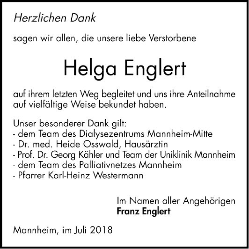  Traueranzeige für Helga Englert vom 07.07.2018 aus Mannheimer Morgen