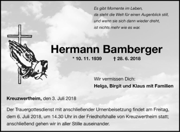 Traueranzeige von Hermann Bamberger von Fränkische Nachrichten