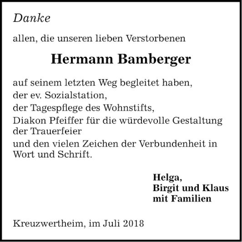  Traueranzeige für Hermann Bamberger vom 18.07.2018 aus Fränkische Nachrichten