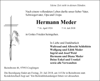 Traueranzeige von Hermann Meder von Fränkische Nachrichten