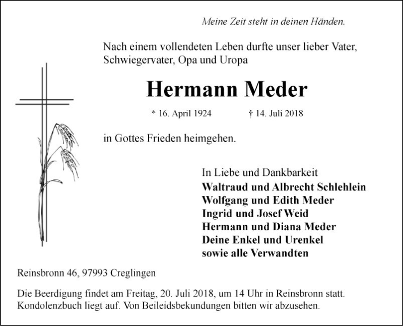 Traueranzeige für Hermann Meder vom 19.07.2018 aus Fränkische Nachrichten