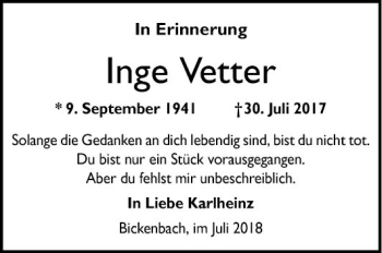Traueranzeige von Inge Vetter von Bergsträßer Anzeiger