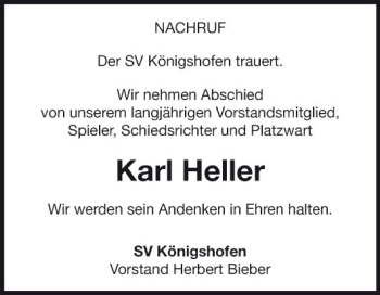 Traueranzeige von Karl Heller von Fränkische Nachrichten