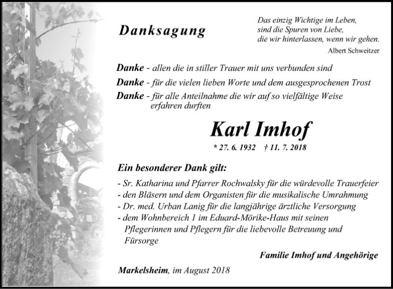  Traueranzeige für Karl Imhof vom 01.08.2018 aus Fränkische Nachrichten