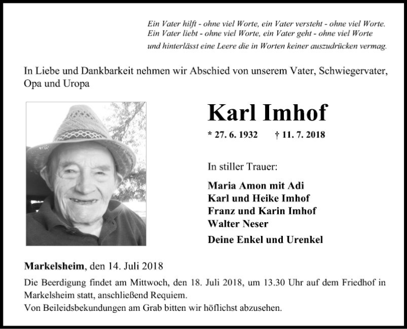  Traueranzeige für Karl Imhof vom 14.07.2018 aus Fränkische Nachrichten