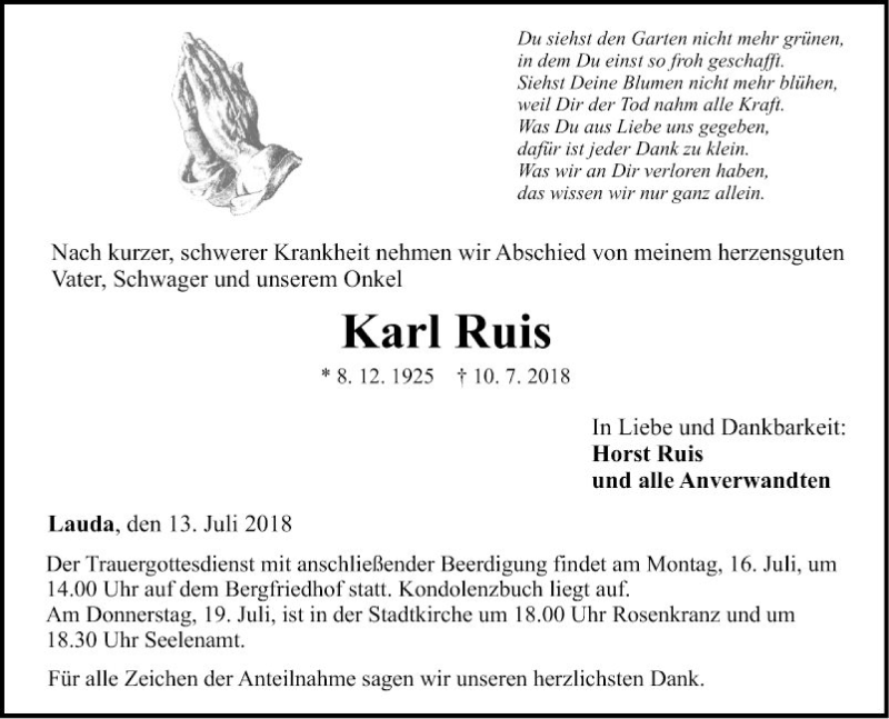  Traueranzeige für Karl Ruis vom 13.07.2018 aus Fränkische Nachrichten