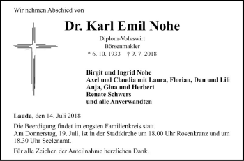 Traueranzeige von Karl Emil Nohe von Fränkische Nachrichten