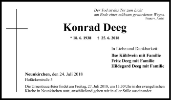 Traueranzeige von Konrad Deeg von Fränkische Nachrichten