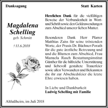 Traueranzeige von Magdalena Schelling von Schwetzinger Zeitung