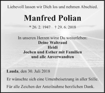 Traueranzeige von Manfred Polian von Fränkische Nachrichten