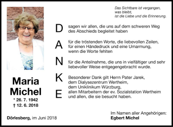 Traueranzeige von Maria Michel von Fränkische Nachrichten