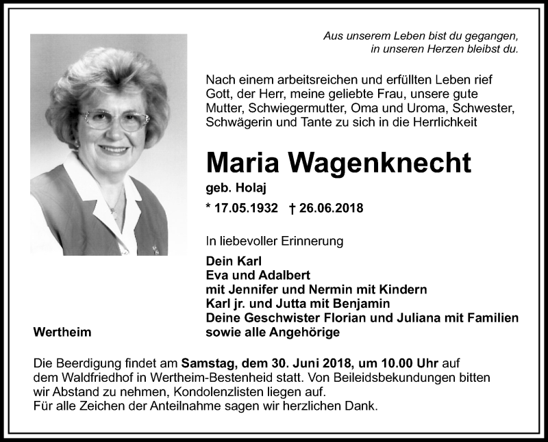  Traueranzeige für Maria Wagenknecht vom 27.06.2018 aus Fränkische Nachrichten